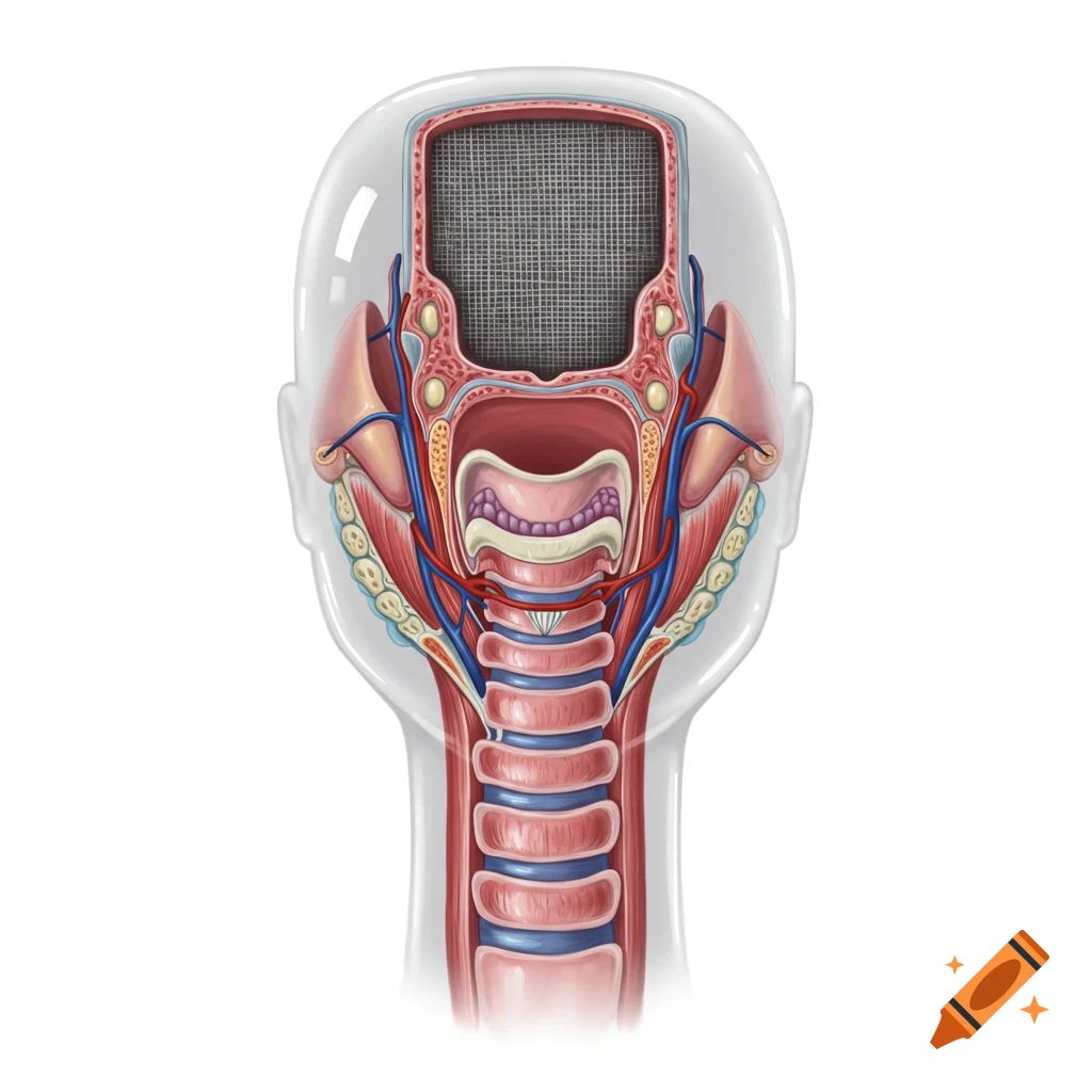Anatomical illustration of the larynx and throat.
