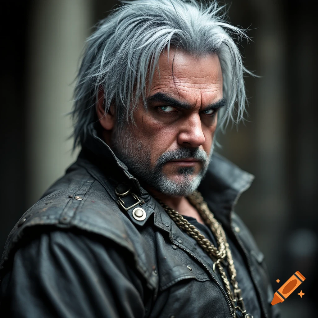 Photorealistic portrait of a man with silver hair, beard, leather jacket, and gold chains, looking intensely at the camera.