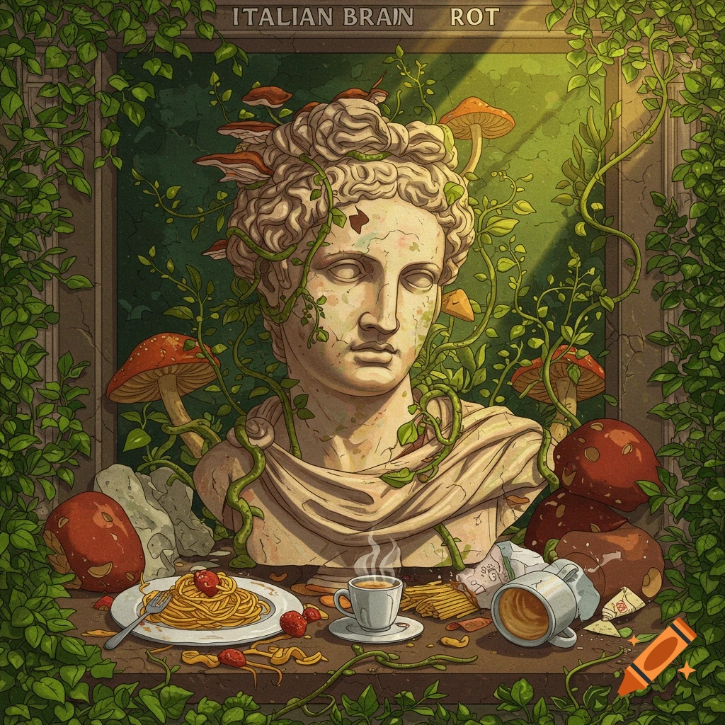 A classical bust covered in vines and mushrooms sits on a table with spaghetti and coffee in a surreal scene.