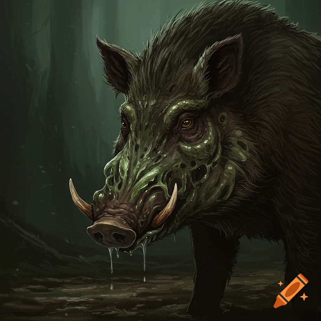 A grotesque boar with a slimy face is in a dark forest.
