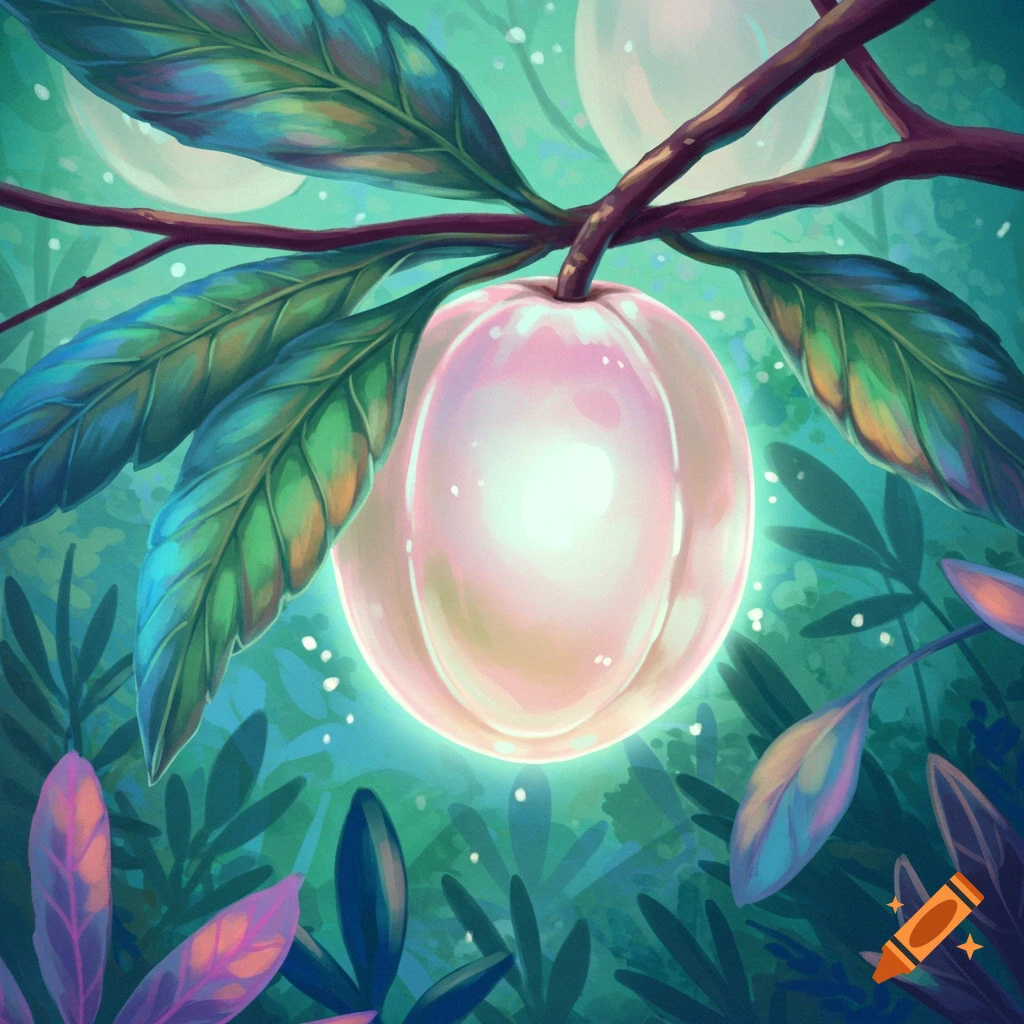 A glowing pink fruit hangs from a branch in a fantasy forest.