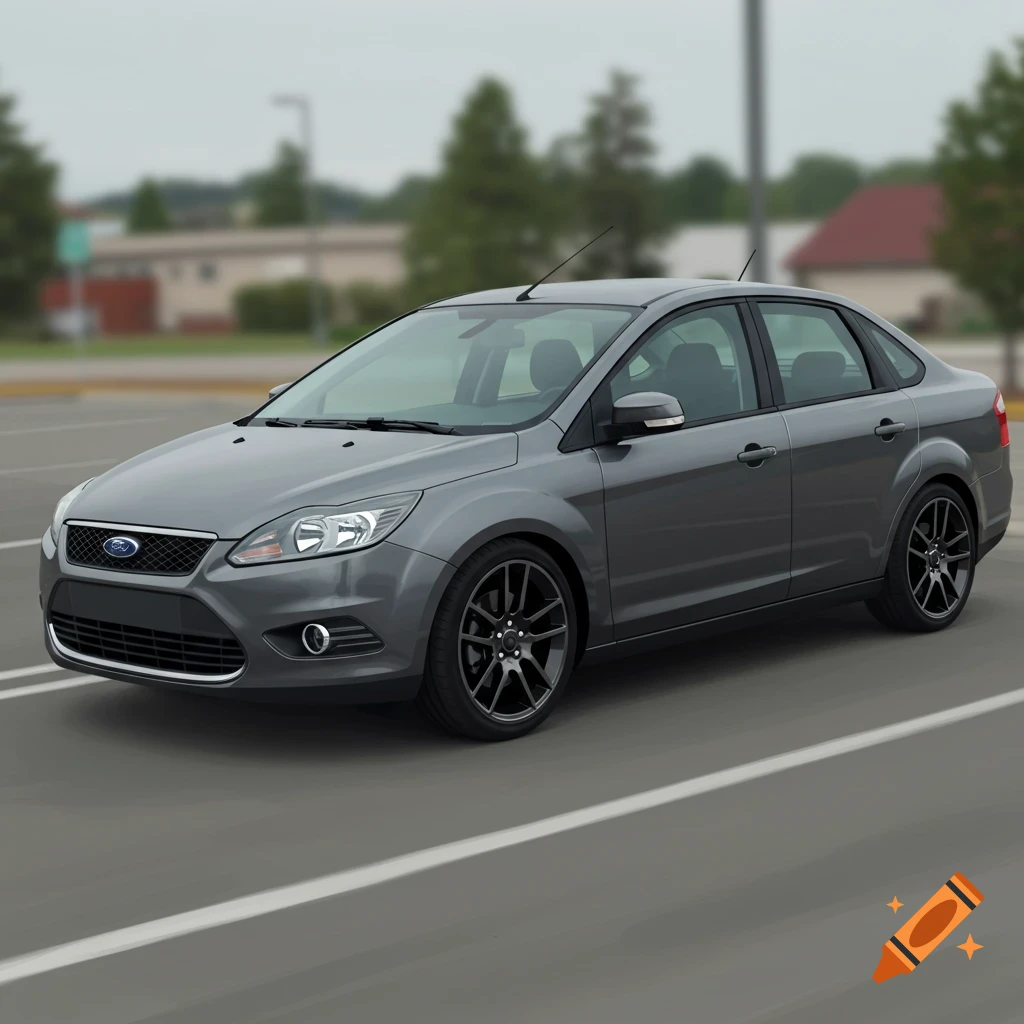 Grey Ford Focus sedan with black wheels in a blurry outdoor setting.
