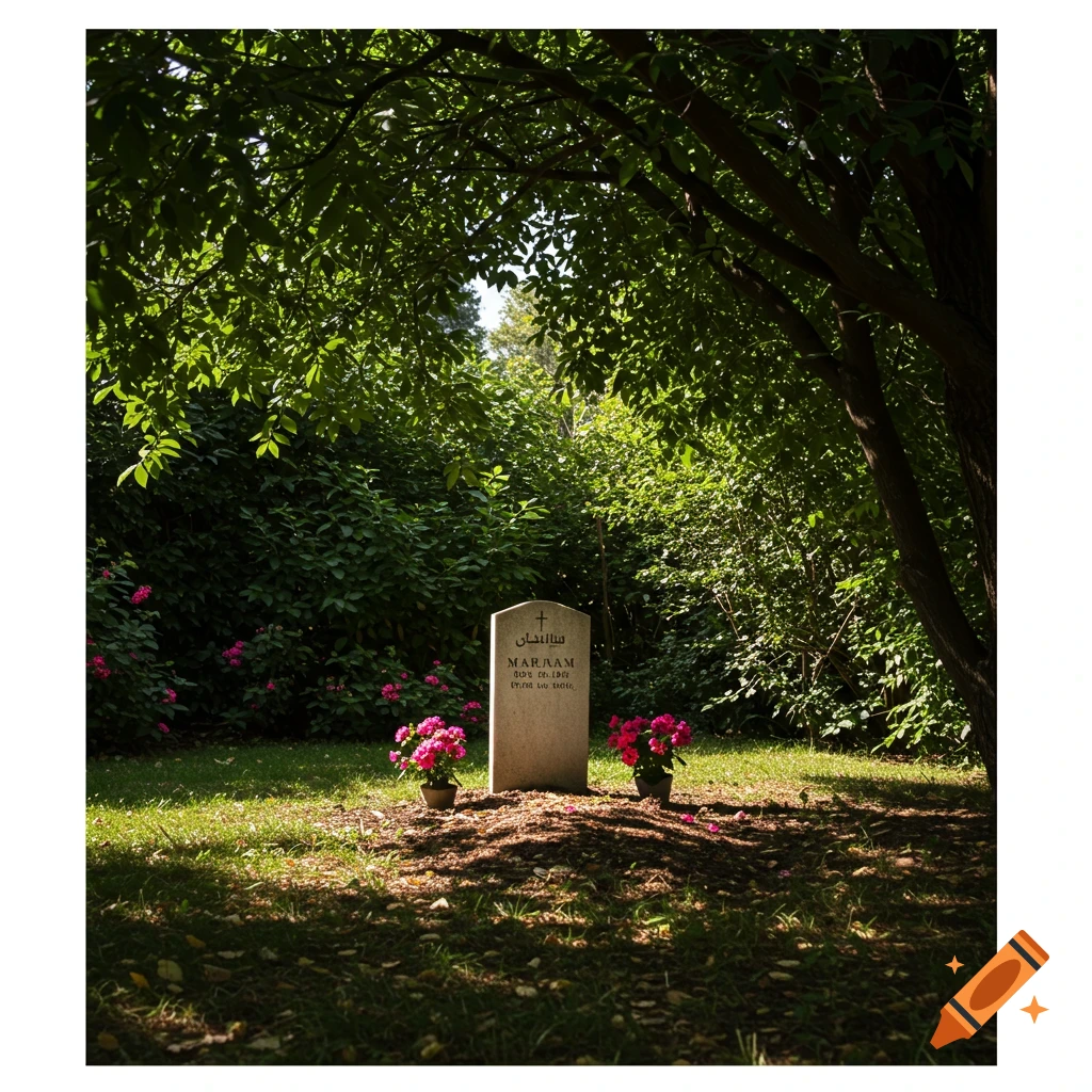 A serene grave marker under a shady tree in a garden, with pink flowers
