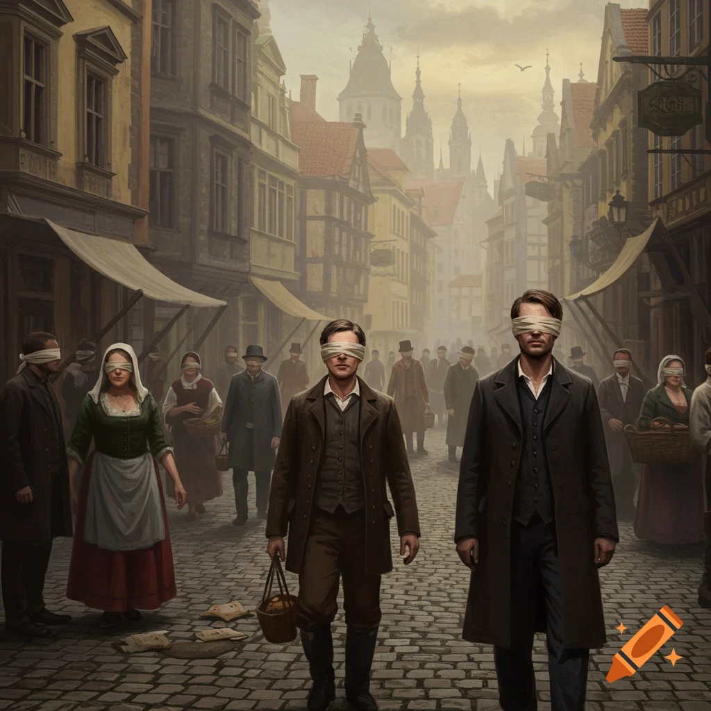 A crowd of people wearing blindfolds walk down a cobblestone street in an old European city.