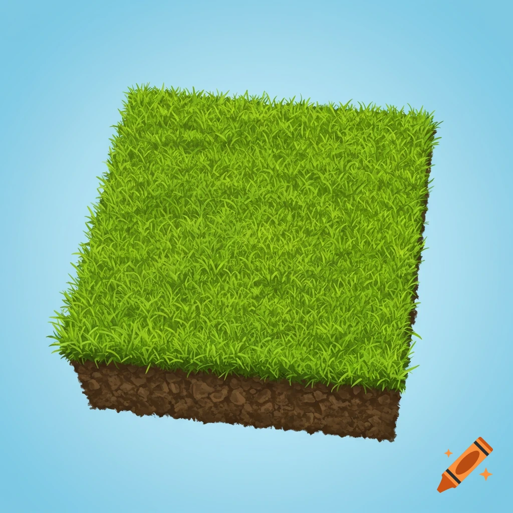 A square block of grass and soil floating in a blue sky.