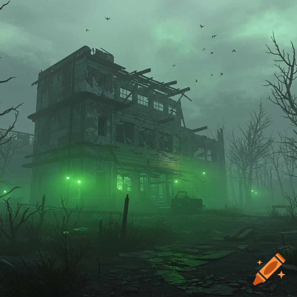 A ruined building with green lights stands in a spooky, misty, post-apocalyptic landscape under a dark sky with birds.