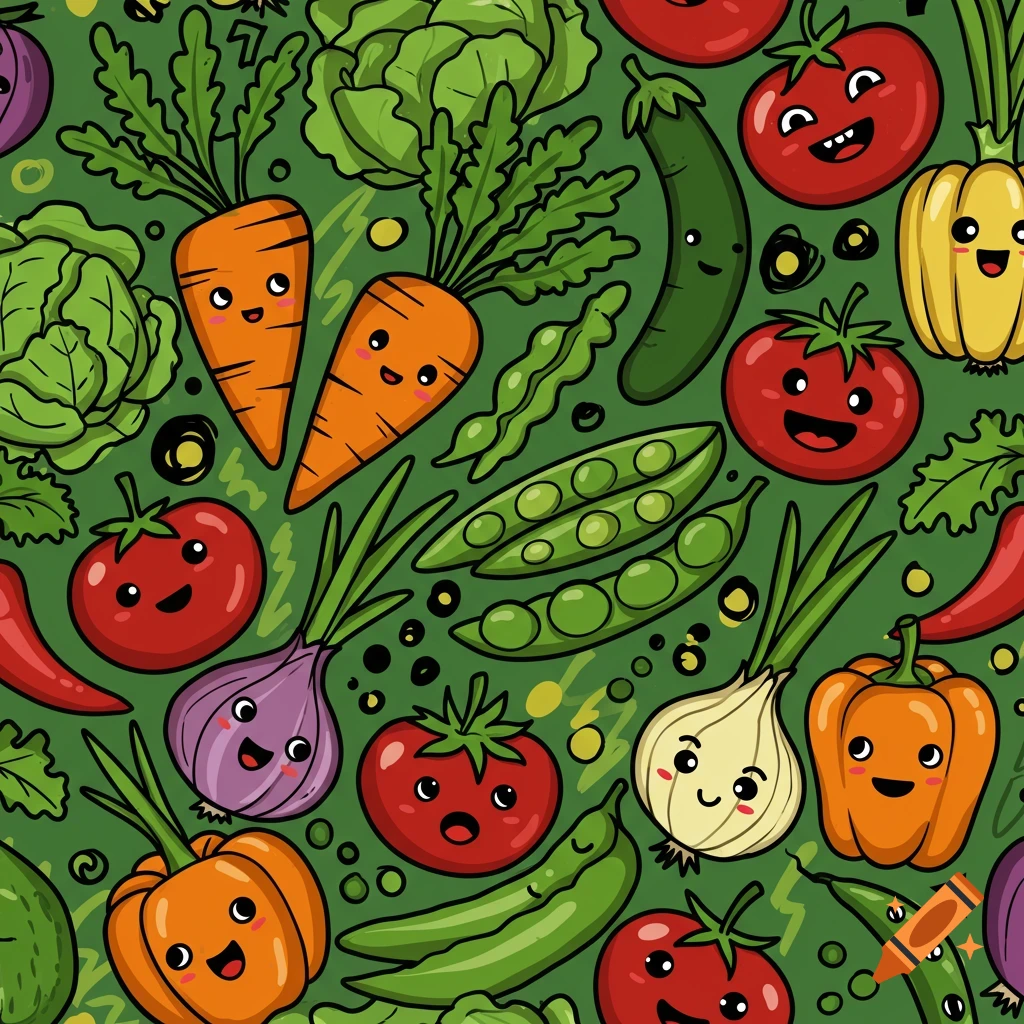 Seamless pattern of cartoon vegetables with faces on a green background.