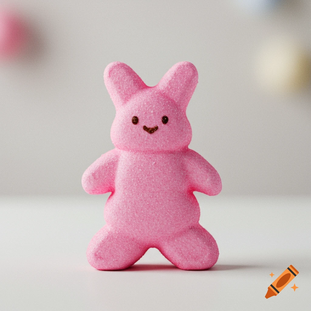 A pink marshmallow bunny candy (Peep) stands on a white surface.