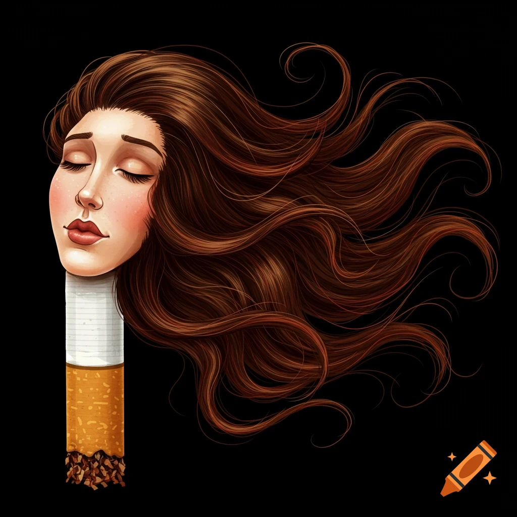 A woman's head and flowing hair emerge from a cigarette.