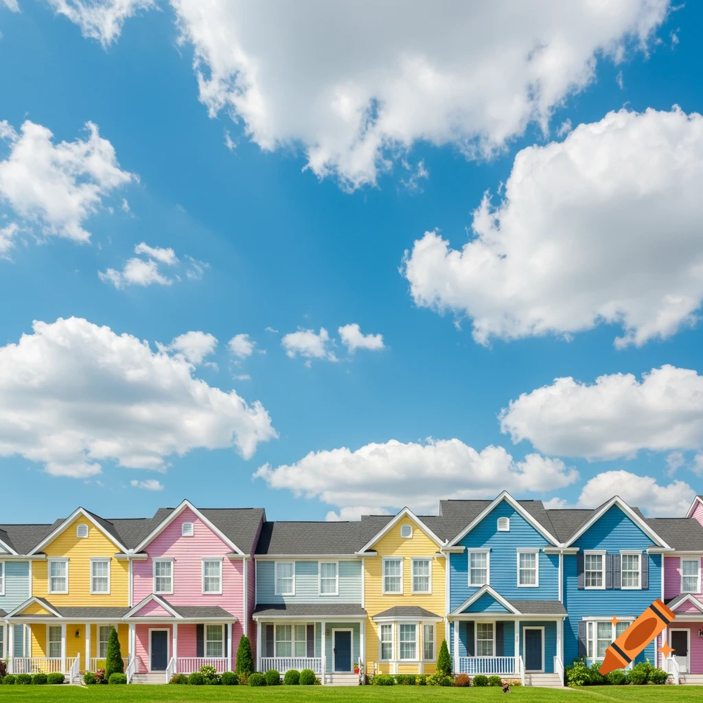 A row of brightly colored houses under a blue sky with puffy clouds.