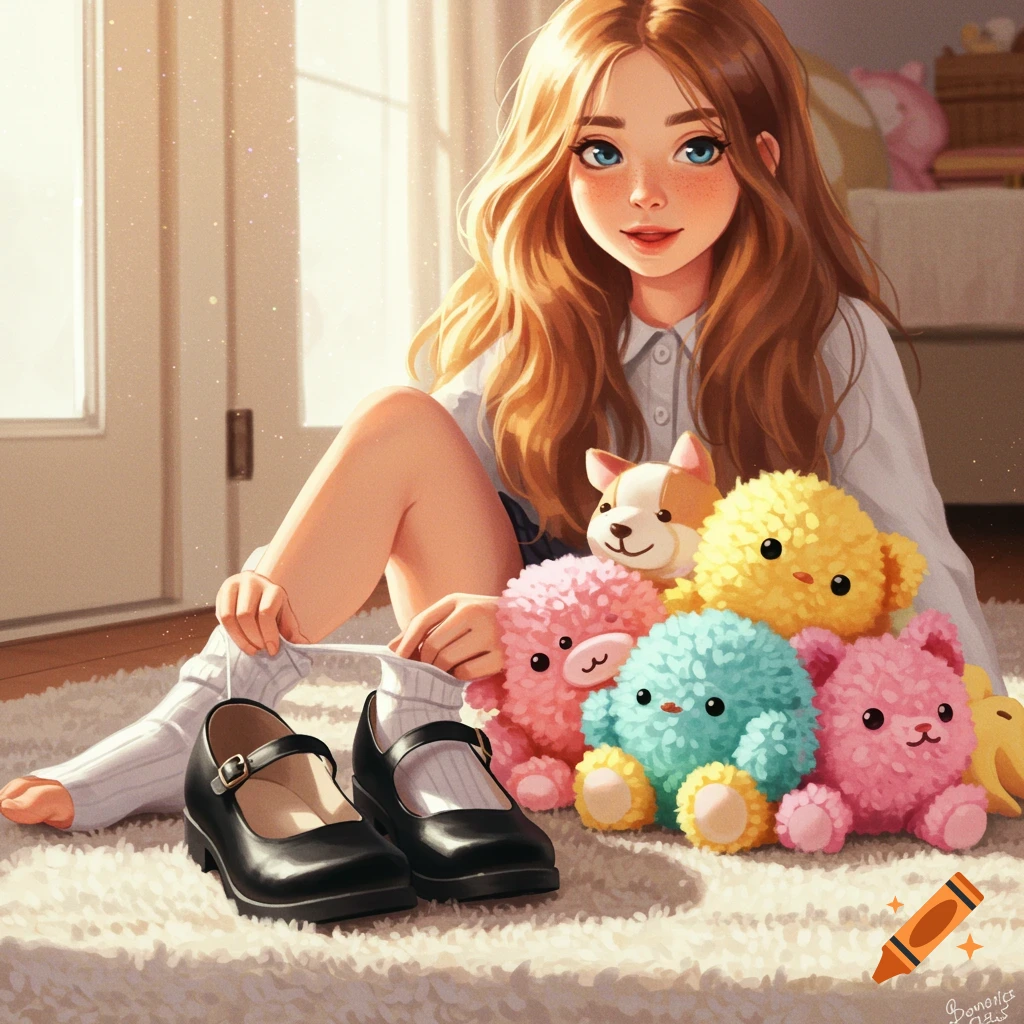 A young girl is sitting on a rug with stuffed animals and Mary Jane shoes.