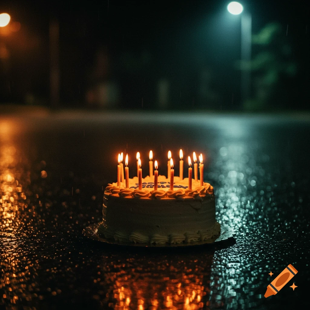 A birthday cake with lit candles sits on a wet street in the rain at night, with a sad, atmospheric look and VHS filter.