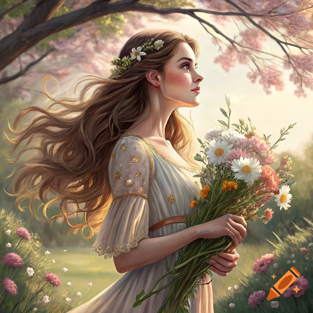 A young woman with long brown hair, wearing a light dress, holding a large bouquet of flowers in a sunny garden with pink blossom trees.