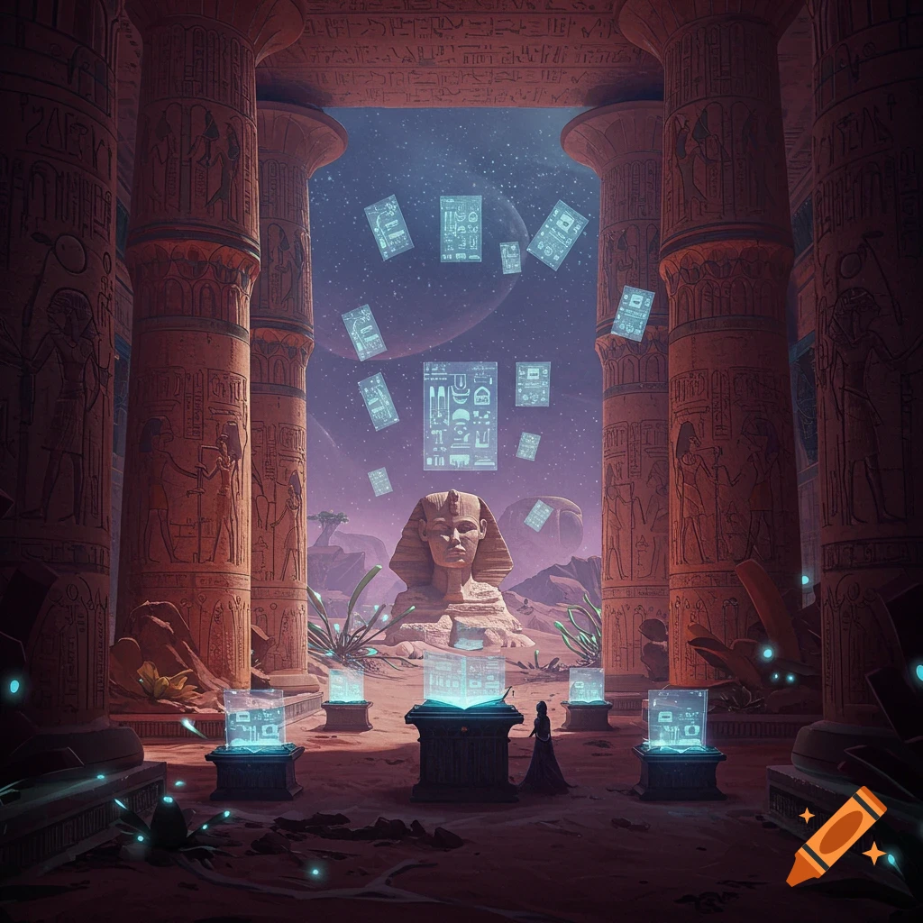 A futuristic Egyptian temple with a sphinx and floating holographic hieroglyphs.