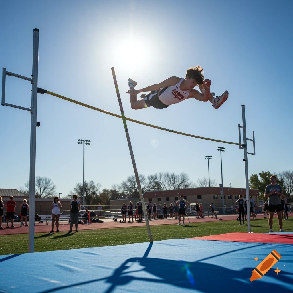 A high jumper clears the bar during a track and field competition.