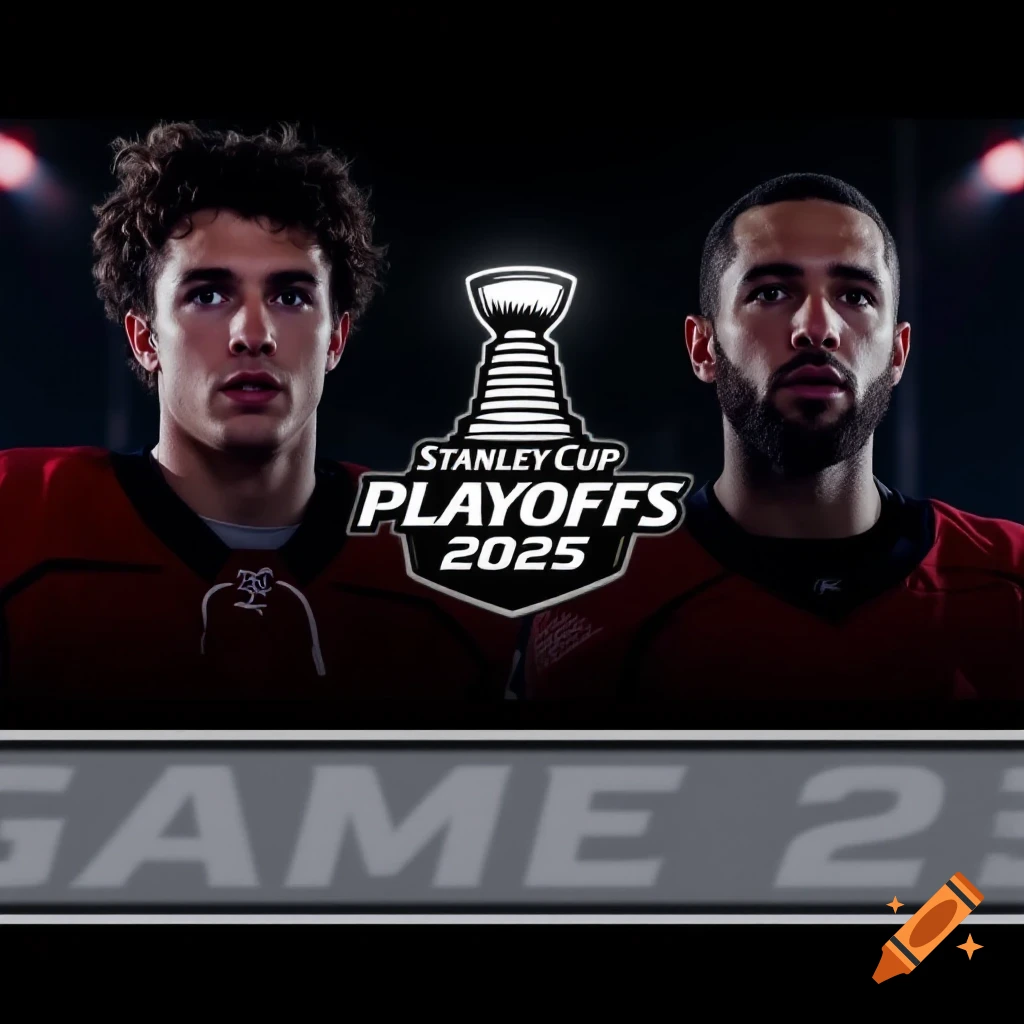 Two hockey players stand with the Stanley Cup Playoffs 2025 logo and "Game 2" text.