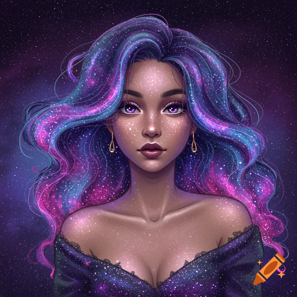 A portrait of a woman with purple and blue galaxy-patterned hair and stardust skin, wearing a dark dress against a starry background.