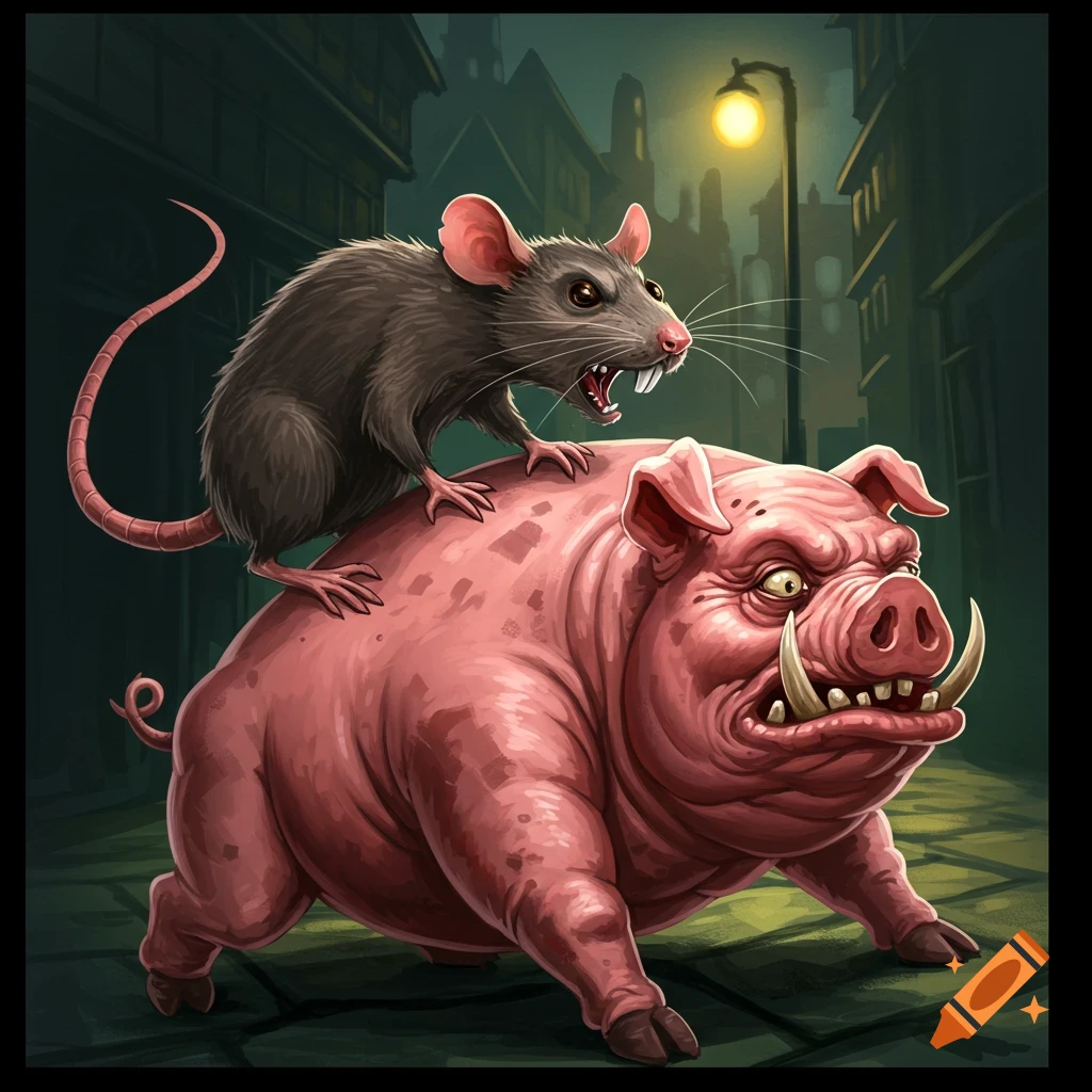 A rat is riding on the back of a monstrous, human-faced pig creature in a dark street.