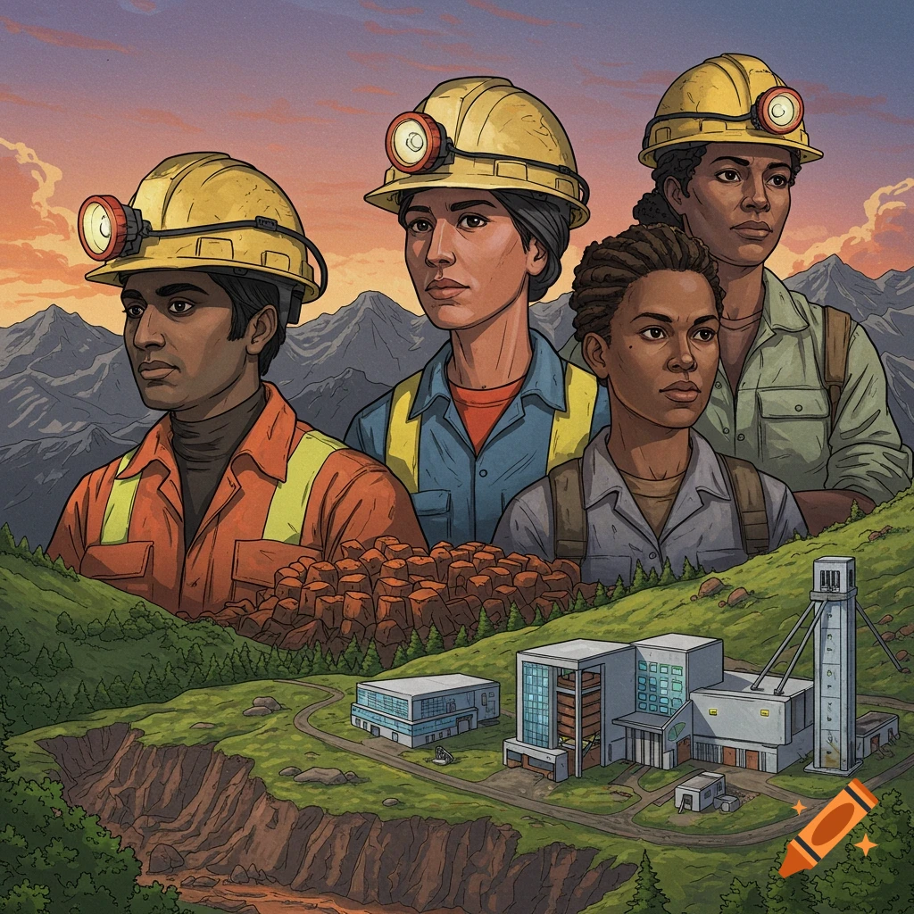 A picture shows four diverse miners and a large mining facility in a mountainous landscape.