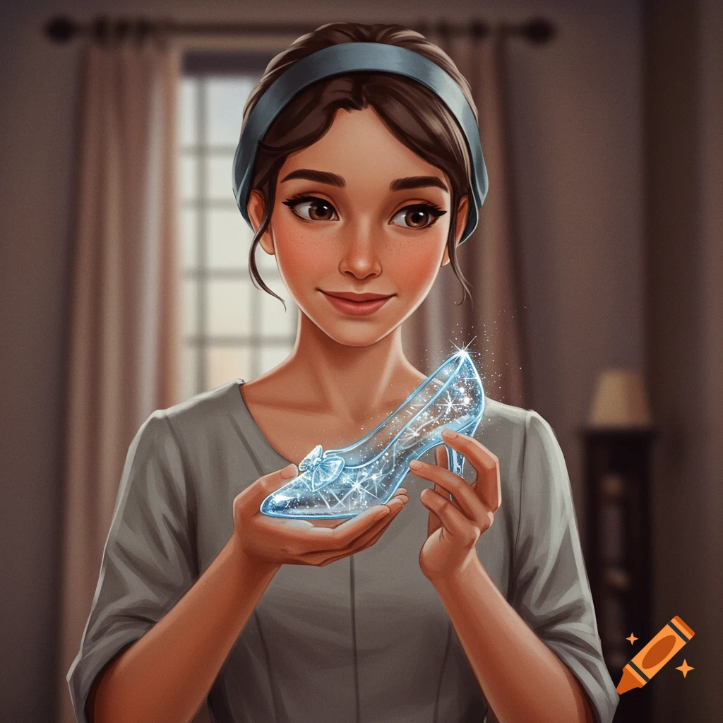 A young woman holds a sparkling glass slipper.
