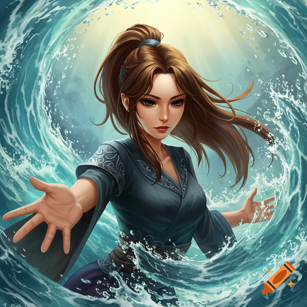 Image of a female fantasy character with brown hair controlling swirling water with outstretched hands.