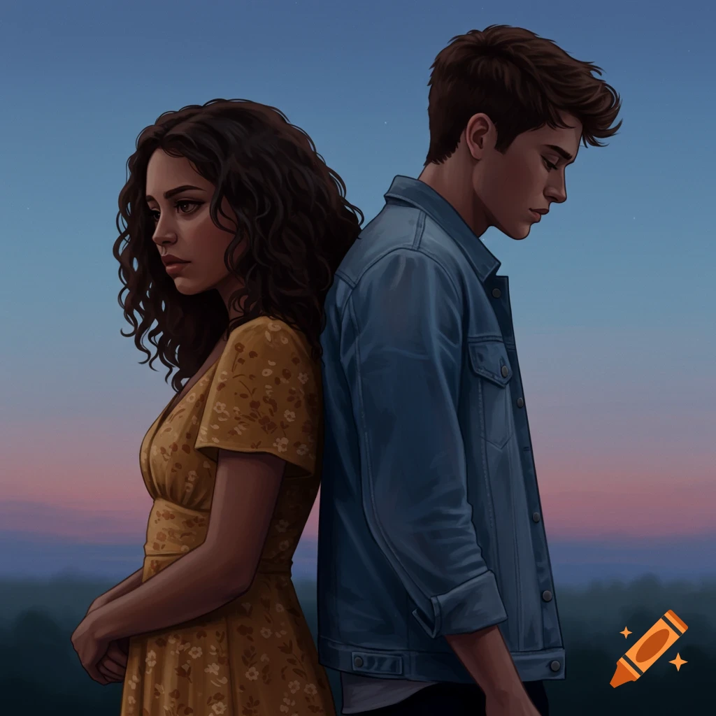 A man and woman stand back-to-back against a dusk sky, both looking sad.