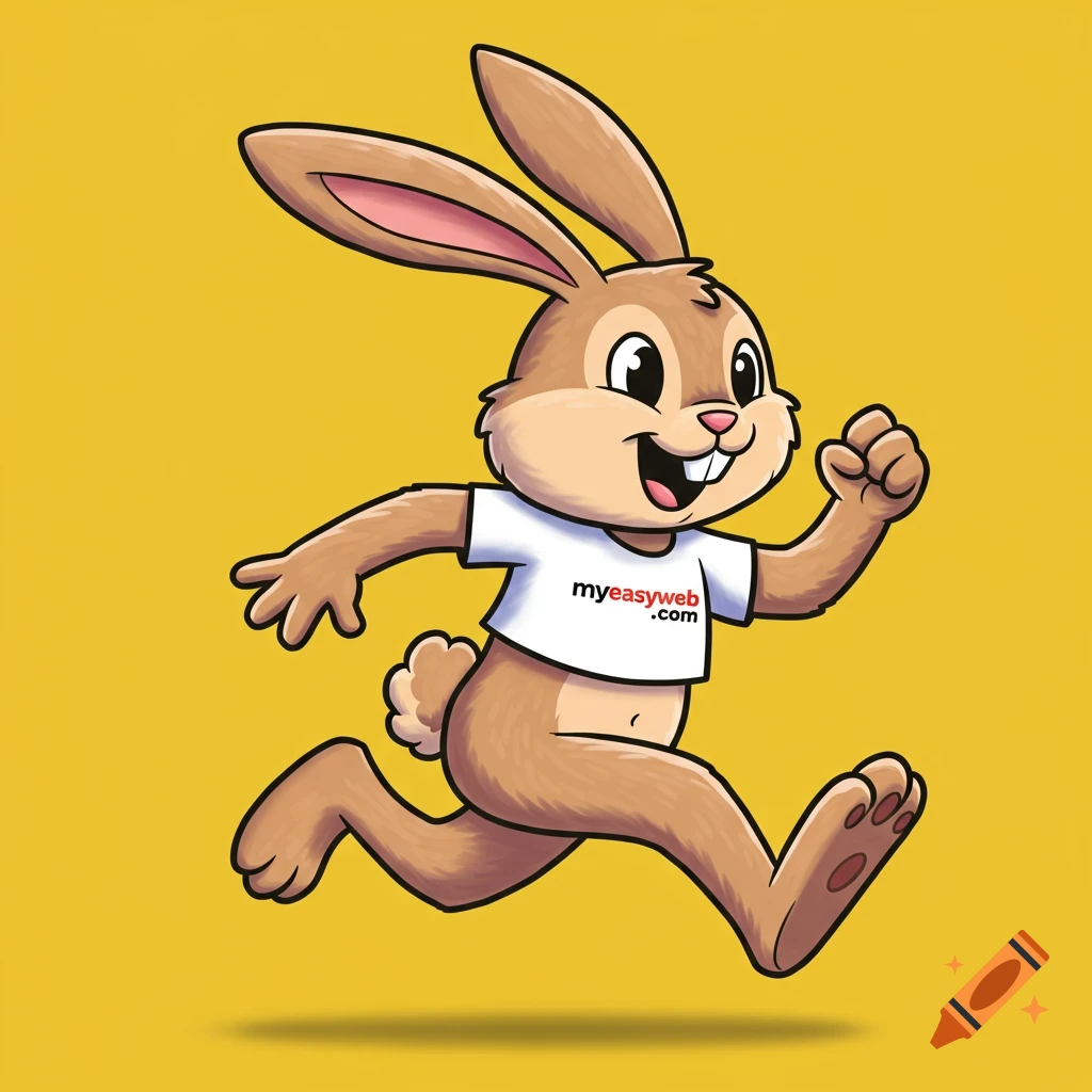 Cartoon illustration of a running brown bunny mascot wearing a white shirt with 'myeasyweb.com' text.