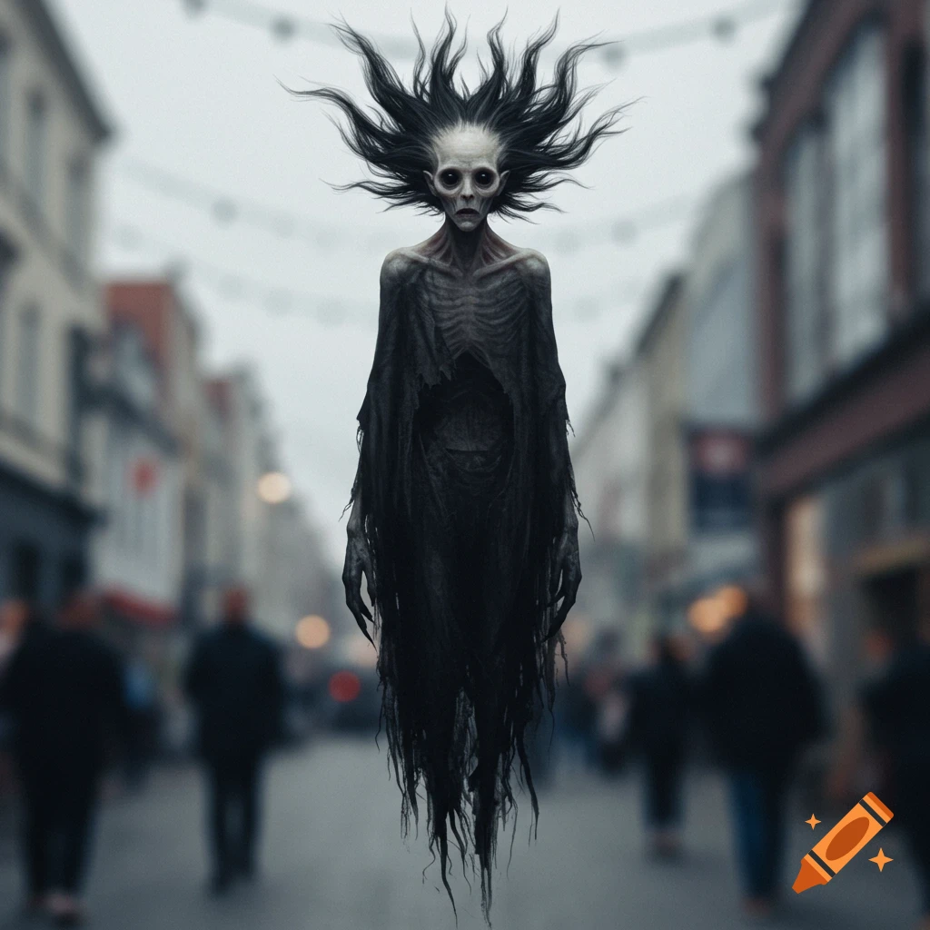 An emaciated supernatural creature with wild hair floats above a blurry city street.