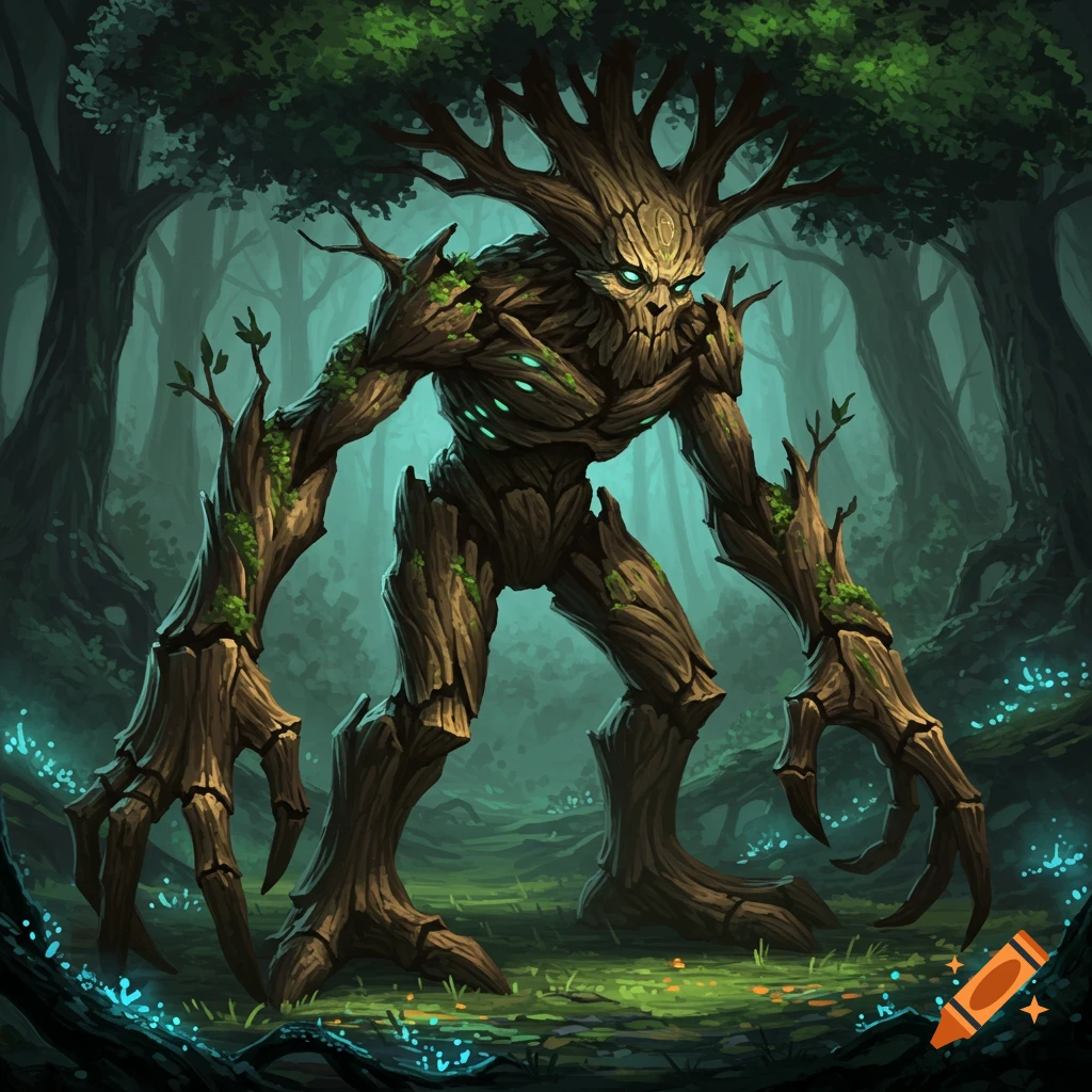 A large tree monster standing in a dark forest