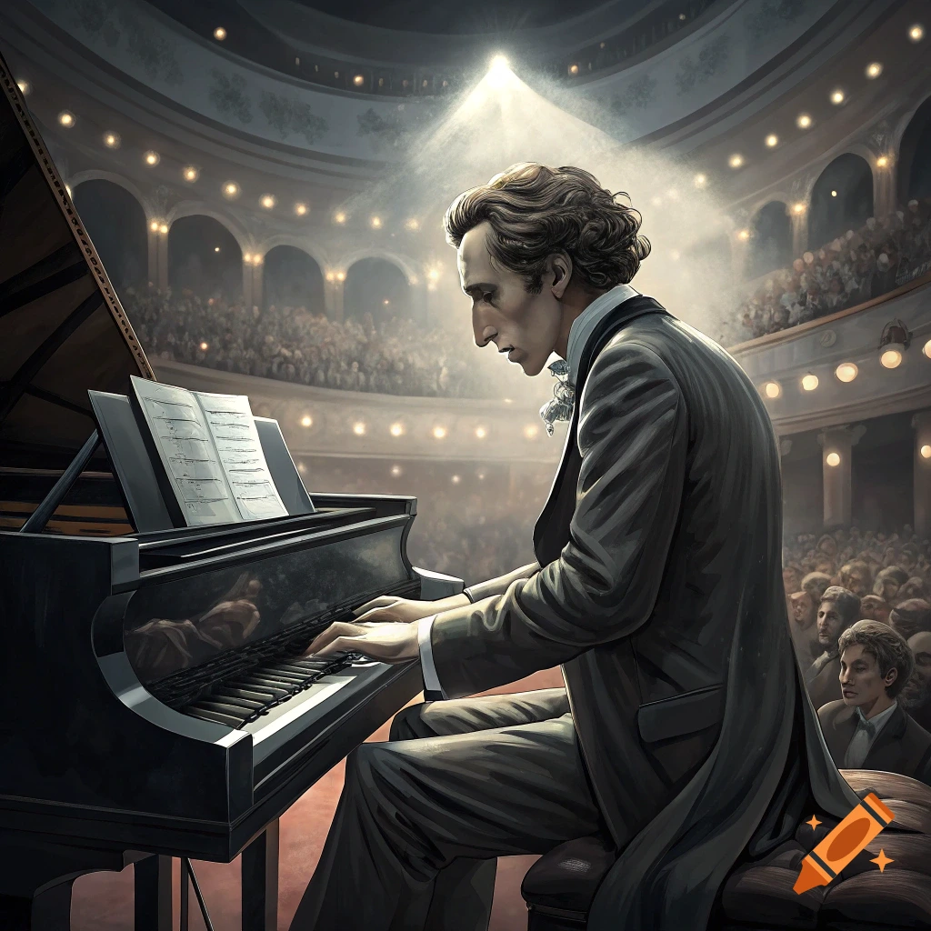Man in suit plays piano on stage in large concert hall with audience and spotlight.