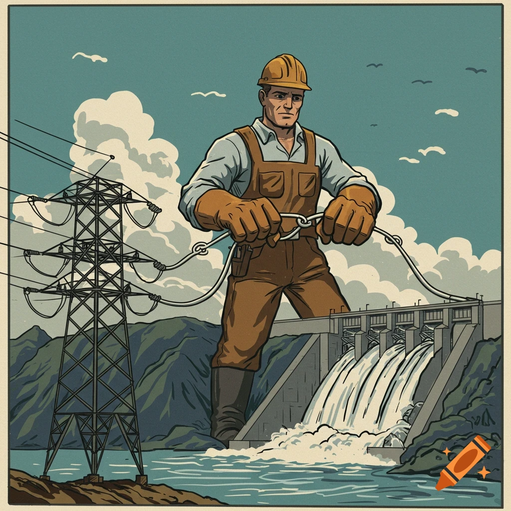A giant worker ties a power line to a dam and transmission tower in 1940s art style.