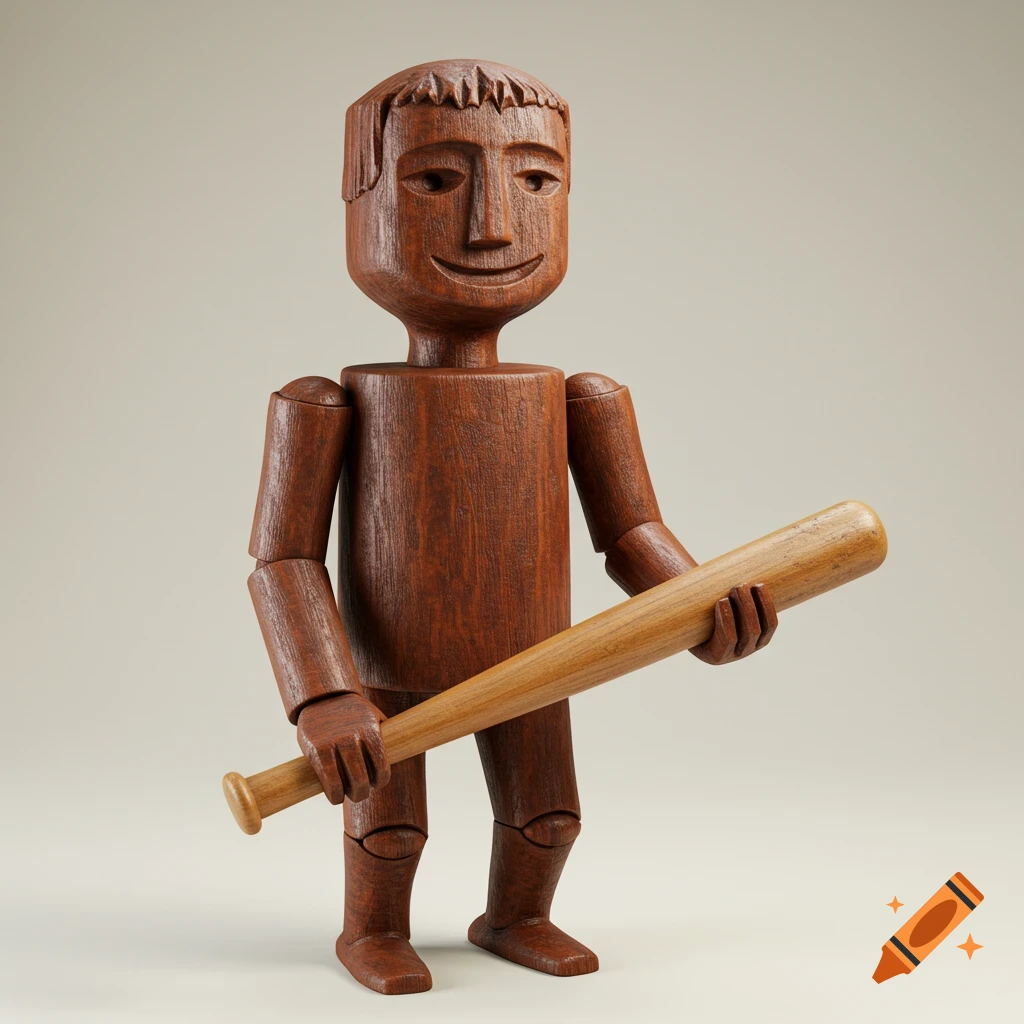 A wooden articulated figure holding a baseball bat.