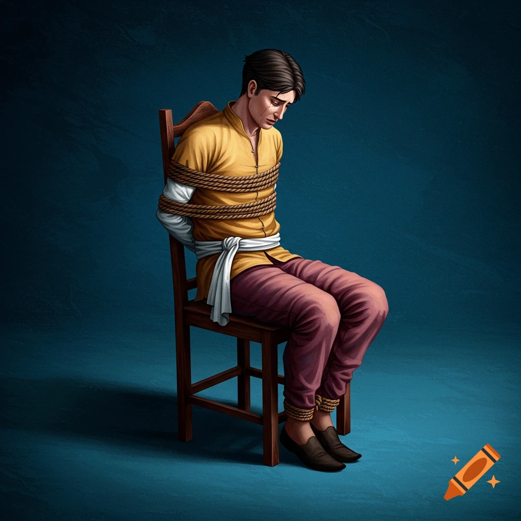 a man tied to a chair, looking down sadly