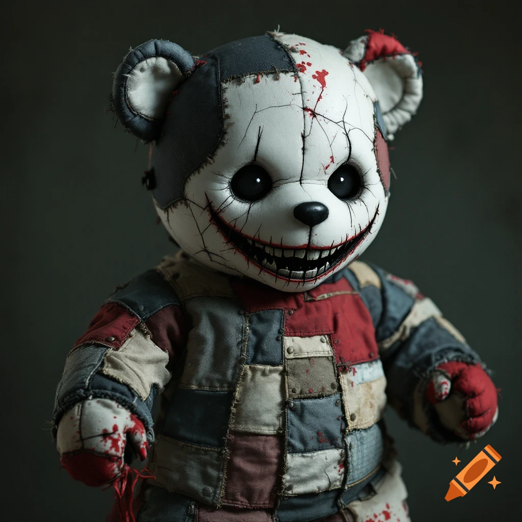 A terrifying patchwork teddy bear with a stitched face, wide grin, and bloodstains.