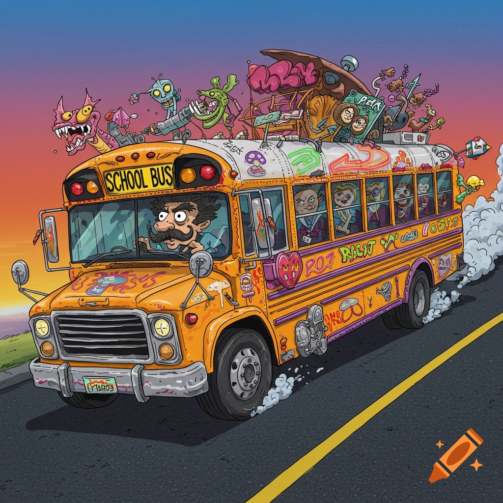 A crazy school bus driven by a man with a mustache, carrying monsters and passengers.