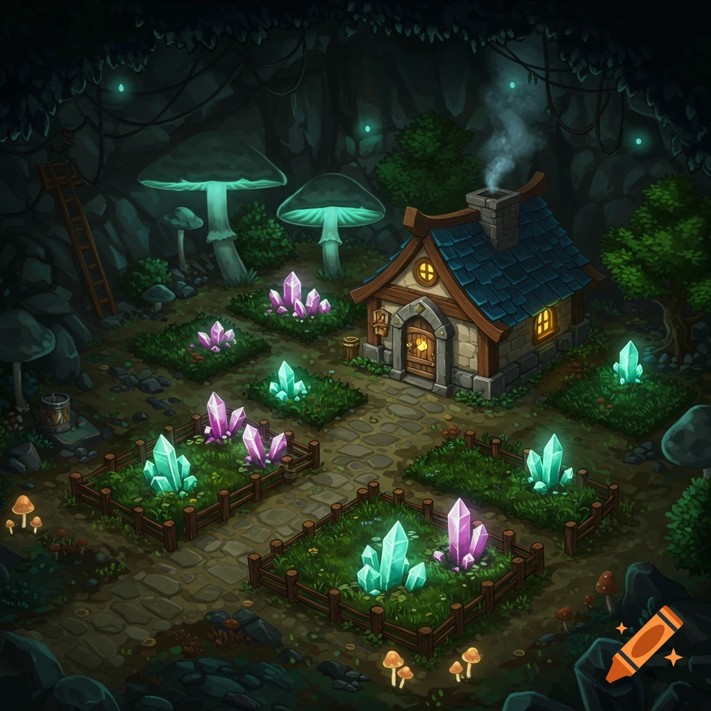 Illustration of a quaint house in an underground cave surrounded by glowing mushrooms and plots growing large crystals.
