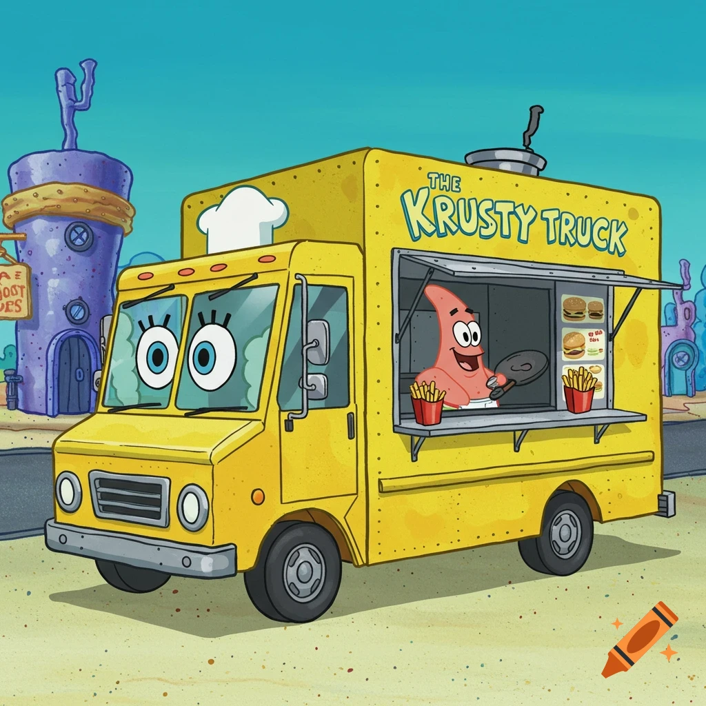 Patrick Star cooks in a yellow food truck shaped like a face with 'The Krusty Truck' on the side, Spongebob style.