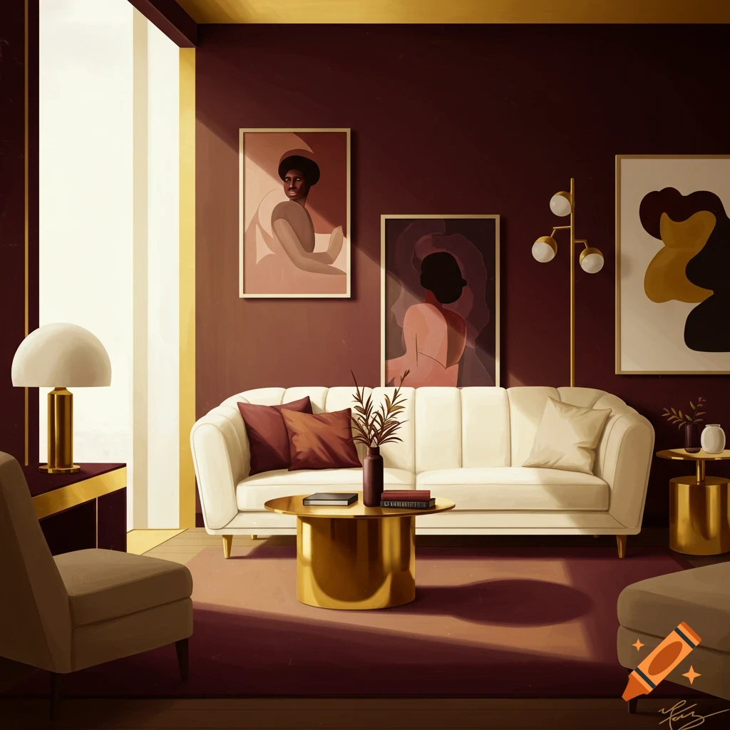 A modern living room with a white couch, gold coffee table, and abstract art on a maroon wall.