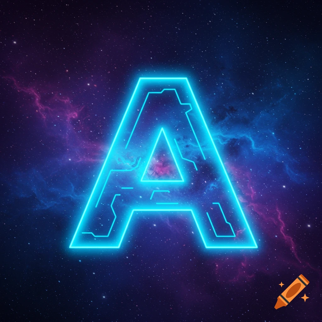A glowing blue neon outline of the letter A with internal circuit lines, set against a starry purple and blue nebula background.