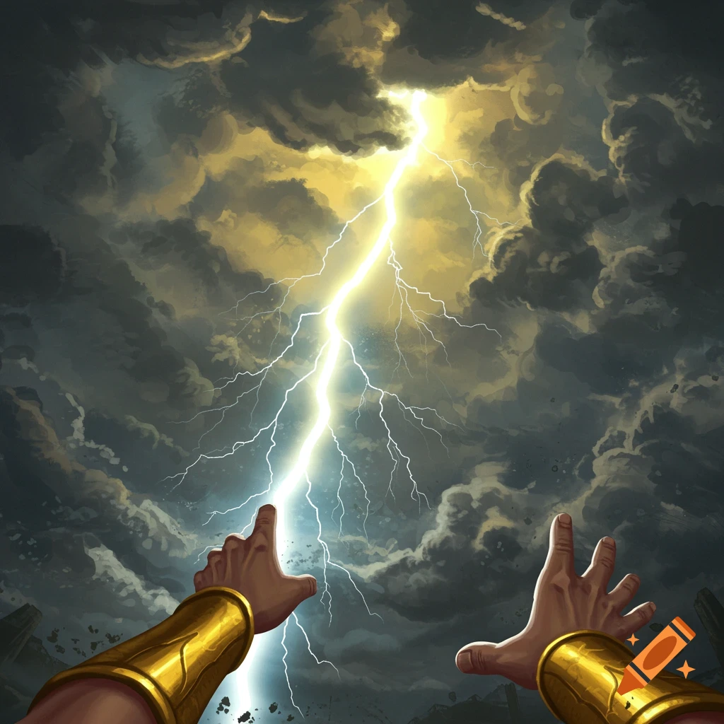 First-person view of hands reaching towards a powerful lightning bolt in a dark, stormy sky.
