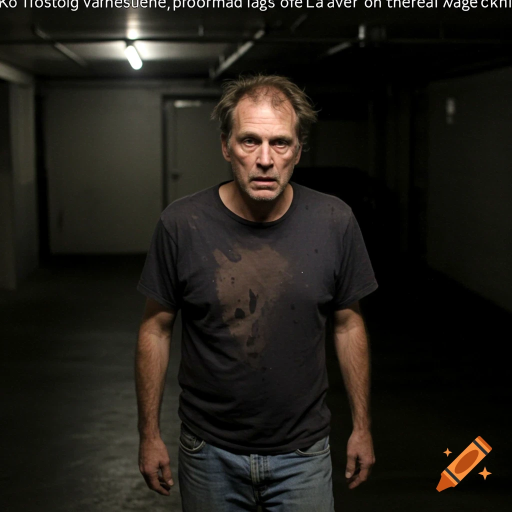 Man in dirty shirt standing in a dark parking garage, looking scared.