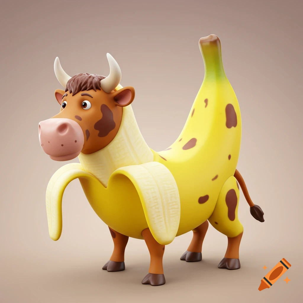 3D cartoon illustration of a cow made of a banana