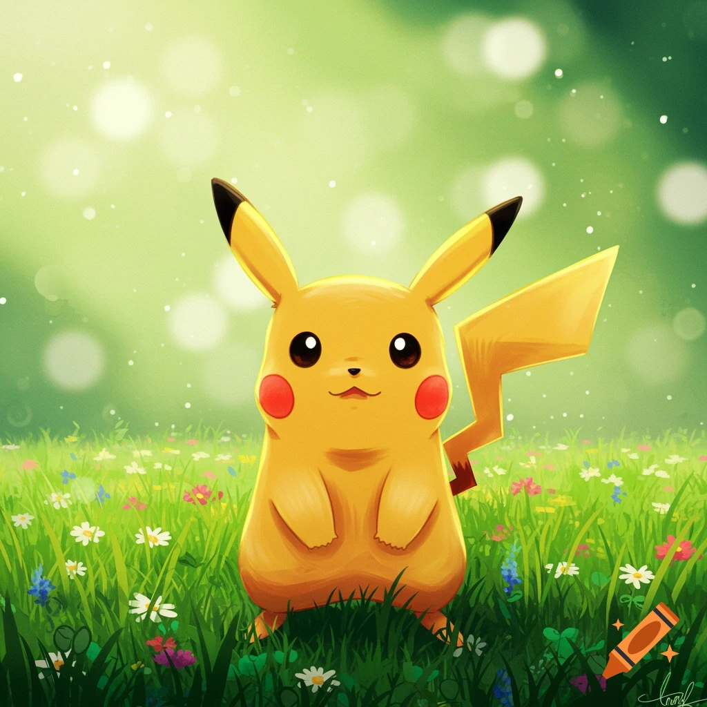 Pikachu standing in a wildflower meadow with bokeh effect.