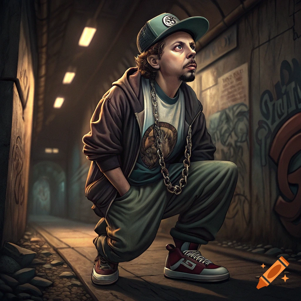 A man in a cap, hoodie, chain, and loose pants squats in a dark, graffiti-covered tunnel.