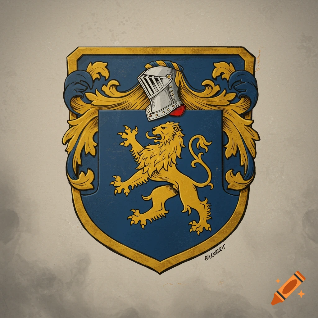 Family crest shield with a gold lion and silver helmet.
