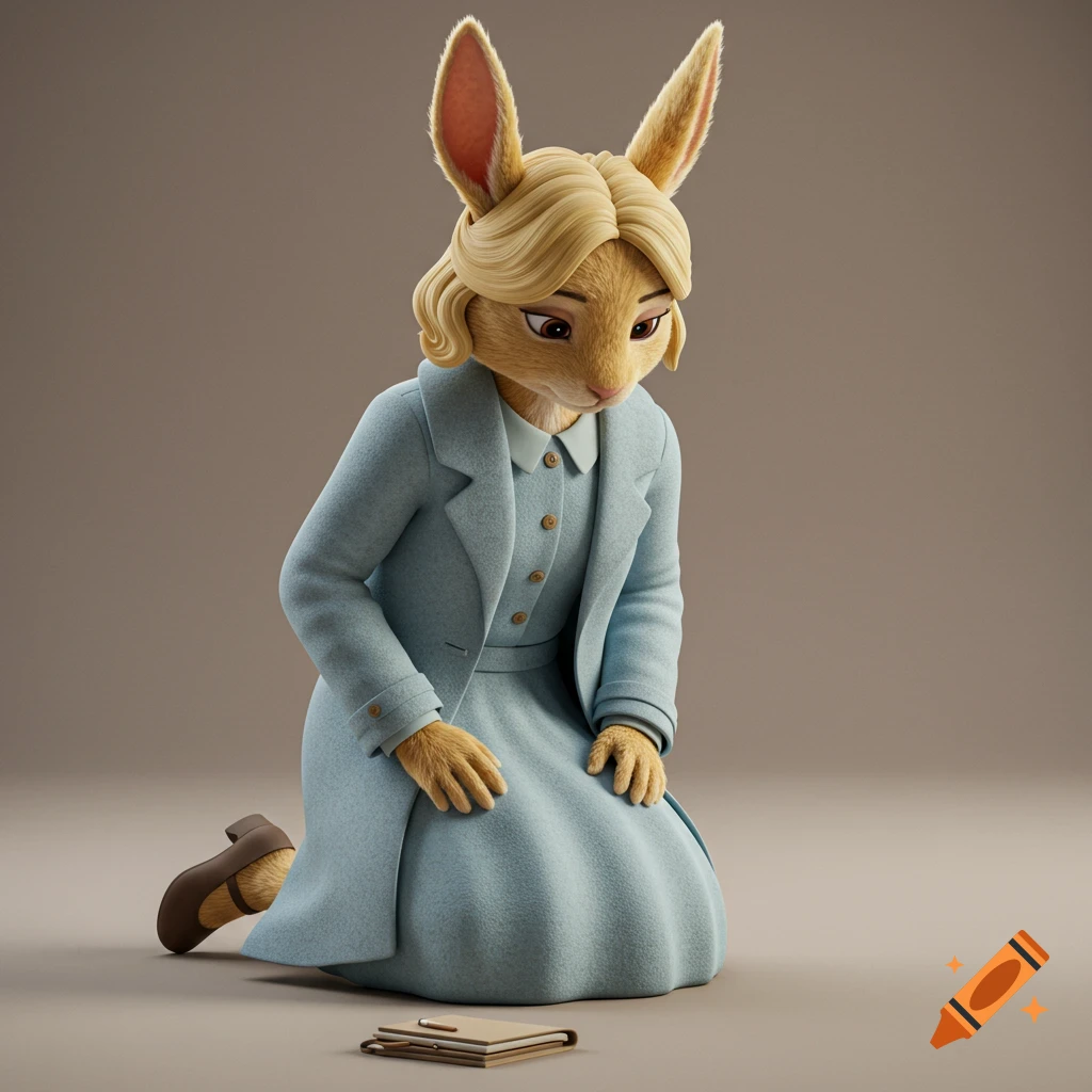 A 3D rendering of an anthropomorphic blonde rabbit character kneeling, wearing a blue coat and dress, looking down at a notebook.