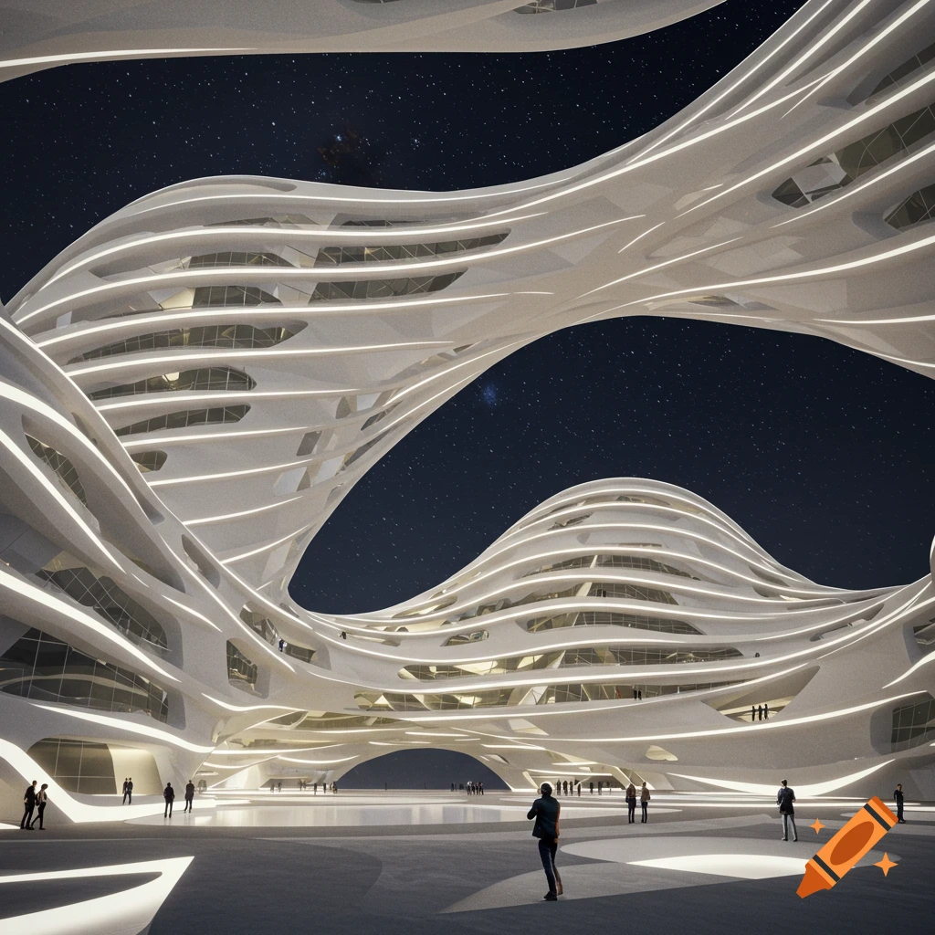 Futuristic organic architecture illuminated at night with people gathered below under a starry sky.