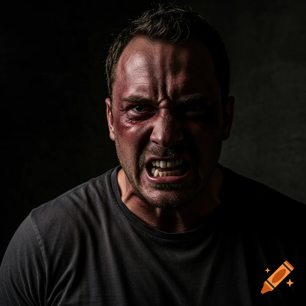 Close-up portrait of an angry man with bruises on his face against a dark background.