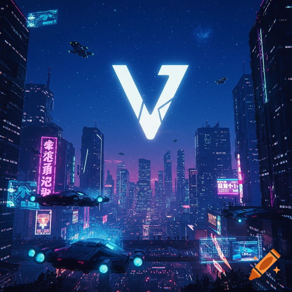 Sci-fi city at night with flying vehicles and a large white V logo in the sky