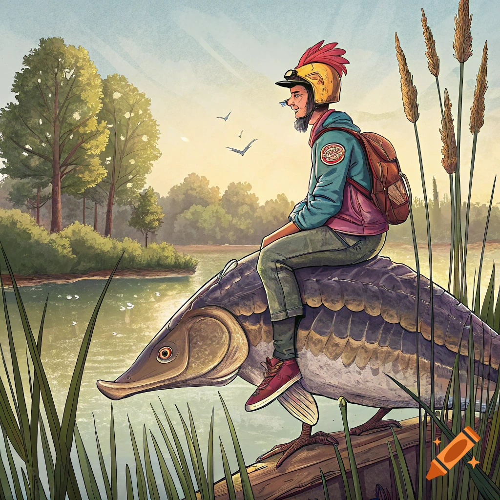 Illustrative scene of a person riding a giant sturgeon with chicken feet by a lake at sunset